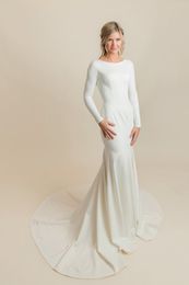 Simple Elegant Crepe Mermaid Wedding Dresses Modest With Long Sleeves Jewel Round Neck Button Back LDS Informal Modest Bridal Gowns Custom