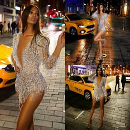 Long Sleeve Cocktail Dresses Sexy Short Deep V Neck Crystal Beads Prom Dress See Through Sexy Mini Evening Gowns