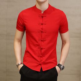 Linen Short Sleeve Men's Dress Shirt Top Summer Plus Size Chinese Style Black Slim Mens Shirts Streetwear Male Tops