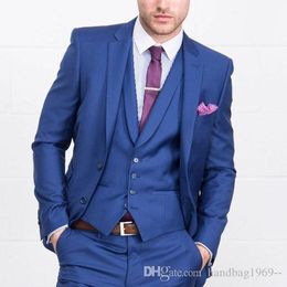 Fashionable Two Button Blue Groom Tuxedos Notch Lapel Groomsmen Best Man Blazer Mens Wedding Suits (Jacket+Pants+Vest+Tie) H:733