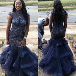 Navy Blue Mermaid Beaded Prom Dresses High Neck Sleeveless Sequined Evening Gowns Plus Size Floor Length Tiered Formal Dress 415