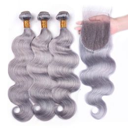 Silver Grey Indian Human Hair Weaves Body Wave 3Bundles with Closure 4Pcs Lot Pure Grey Colour Human Hair 4x4 Lace Closure with Bundles