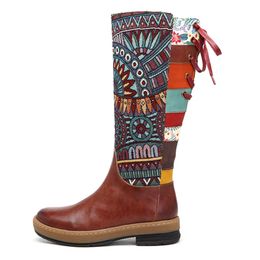 Hot Sale- Women Vintage Mid-calf Boots Bohemian Retro Genuine Leather Shoes Printed Patchwork Zipper Lace Up Rainbow Boots