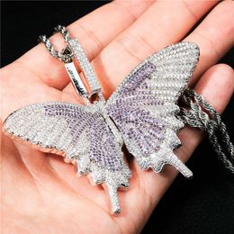 Iced Out Full CZ Animal Butterfly Wings Pendant Necklace With Rope Chain Gold Silver Color Hip Hop Charm Chain Jewelry