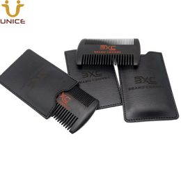 MOQ 50PCS OEM Customized LOGO Black Beard Hair Combs Dual Sides Fine & Coarse Tooth With Leather Case Wood Comb For Men Moustache Care