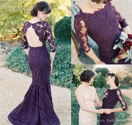 2019 New Modest Illusion Half Sleeves Evening Dress Mermaid Open Back Grape Lace Formal Wear Party Gown Custom Made Plus Size