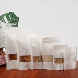 White Kraft Zip Stand Up Food Bags Pouches with Window for Storing Seeds Snack and Nuts yq01658