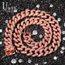 Uwin 12mm RoseGold And Pink Cuban Chain Prong Iced Out Necklace Bling Bling Full Iced Out Men HipHop Jewellery For Gift