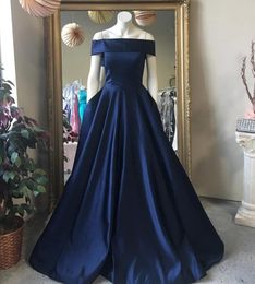 Cheap Satin Navy Blue Prom Dresses Off the Shoulder A Line Floor Length Black Long Formal Evening Party Gowns