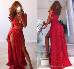 Sexy Red Prom Dresses Glamorous V Neck Full Sequins Sleeveless Holidays Graduation Wear Evening Party Gowns Custom Made Plus Size