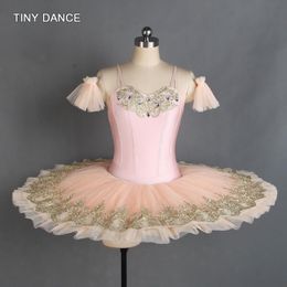 Pale Pink Spandex Bodice Professional Ballet Dance Tutu with Sparkling Gold Sequin Trim Pancake Tutu Skirt for Girls BLL405241e