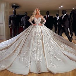 Sheer V-Neck Wedding Dresses Couture Long Sleeves Middle East Ball Gown Wedding Dresses Robe De Mariee Dubai Kaftans Vestido De No231j