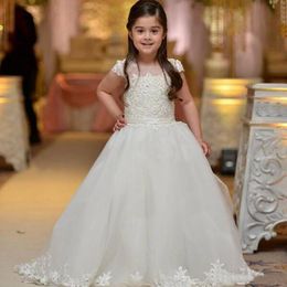 New Sweety A Line Flower Girl Dress Cap Sleeve Lace Tulle Floor Length Girls Party Dress Pageant Gown Custom Size