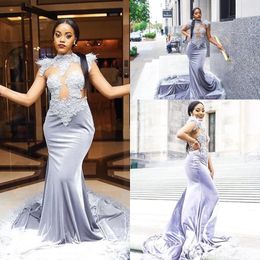 silver high neck mermaid prom dresses lace appliques feather south african satin sheer long sleeve evening gowns abendkleider