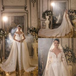 Luxury Wedding Dresses Off-shoulder Sleeveless Full Appliqued Lace Beaded Sequins Bridal Dress Sweep Train Custom Made Robes De Mariée