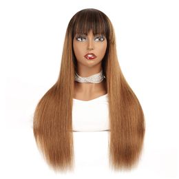 Highlight 1B 30 Raw Indian Remy Straight Human Hair Wigs With Bangs For Black Women Full Machine Made Blonde Ombre Glueless Wig Non Lace