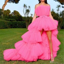 Pink High Low Tiered Tulle Evening Dresses Strapless Front Short Back Long Prom Dress Custom Made Womens Celebrity Gowns