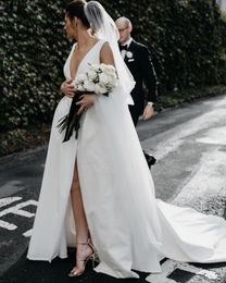 Deep Low Cut V Neck Satin Wedding Dresses with Split Simple Bridal Dresses with V Back Wedding Gowns Custom Made