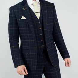 Navy Mens Wedding Tuxedos Wool Check Regular Fit Groom Pants Suits Custom Made Formal Blazer Dress