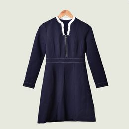 2019 Fall Autumn Long Sleeve V Neck Blue Contrast Color Knitted Ruffle Panelled Short Mini Dress Women Fashion Dresses O1115256S