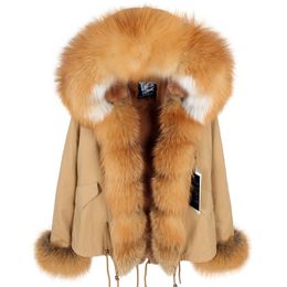 New Parka winter long khaki parka jacket women real fur coat natural red fox hooded good faux liner outwear MX191025