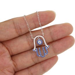 Wholesale- lucky turkish 925 sterling silver dangle evil eye charm Pave blue white cz Hamsa hand Fatima's hand pendant necklace