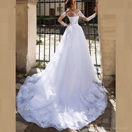 New Plus Size A Line Wedding Dress 2 in 1 with Sleeves Lace Applique Vestido de Noiva Floor Length Tulle Princess Bridal Gown Wedd232N