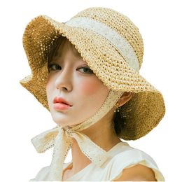 simple Summer Hats For Women Straw Sun Hat Lady Girls Lace Ribbon Bow Panma Beach Hat Floppy Female Travel Folding Chapeu