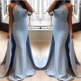 2019 New Arabic Light Sky Blue Mermaid Evening Dresses Halter Open Back Appliques Formal Evening Party Gowns Plus Size Customised