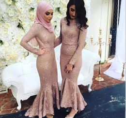 Modest Arabic Muslim Bridesmaid Dress With Hijab Long Sleeves Hi-Lo Mermaid 2018 Prom Dresses Glamorous Beads Lace Applique Bridesmaid Dress