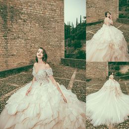 bohemian ball gown wedding dress UK - Newest Bohemian Corona Borealis Ball Gown Wedding Dresses Short Sleeve Tulle Lace Pearls Tiers Wedding Gowns Sweep Train robe de mariée