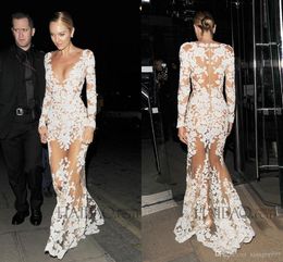 Setwell Evening DresseDeep V Neck Long Sleeves Appliques See Through Illusion Nude Evening Gowns Custom Made Prom Dress