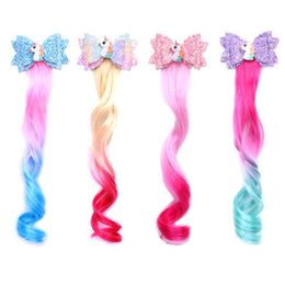 Children's Hair Clips Unicorn Gradient Wig Bow Top Hair Clip Baby Wings Princess Flash Hair Accessories long Wig Barrettes