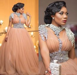 Prom Blush Dresses Crystals Beaded Cap Sleeves Tulle A Line Ruched Pleats African Arabic Evening Party Gowns Formal Ocn Frican Rabic