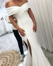 Crepe Mermaid Modest Wedding Dresses 2019 Off the Shoulder Split Women Informal Reception Bridal Gowns Simple Elegant Custom Made