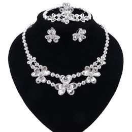 Silver Plated Dubai Wedding Party Jewelry Set for Flower Fashion Necklace Set African Costume Crystal Bridal Accessories