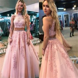cheap charming pink two pieces prom dresses halter ruched backless beaded lace applique evening gowns robe de soiree floor length