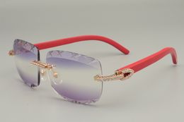direct natural red wooden temple sunglasses, luxury Personalised diamond sunglasses 8300756-B engraving X pattern lens size: 56-18-135m
