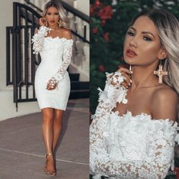 Cheap Simple Sexy Full Lace Off Shoulder Long Sleeve Sheath Cocktail Dresses Knee Length Short Prom Dresses Party Gowns Club Wear