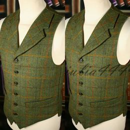 2019 Summer Farm Wedding Green Plaid Tweed Vests Custom Made Groom Vest Slim Fit Mens Suit Vest Prom Wedding Waistcoat