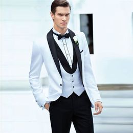 Handsome White One Button Mens Prom Suits Shawl Lapel Wedding Suits For Men Tuxedos Three Pieces Groomsman Blazers Jacket+Pants+Vest