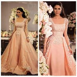 Arabic Indian Long Sleeves Prom Dresses Lace Applique Formal Evening Dresses Square Plus Size Party Gowns Plus Size