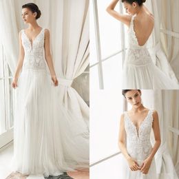 2020 Gali Karten Bohemia Wedding Dresses V Neck Sexy Backless A Line Lace Appliques Beach Wedding Dress Spot Tulle Plus Size Bridal Gowns 81