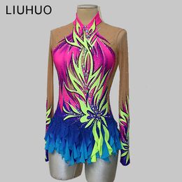 Rhythmic Gymnastics costumes Girls figure skating Dress blue spandex womens dance girls swimwear summer ballroom ice skating dress