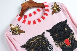 Moda-Spedizione gratuita Rosa maniche lunghe Maglioni da donna Tigre Stampa Ape Ricamo Paillettes Pullover Donna blusas de inverno feminina DH063