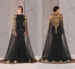 Black Arabic Muslim Evening Dresses Tulle Cloak Gold and Black Sequins Crew Neck 2019 Mermaid Formal Wear Long Pageant Prom Dress 273