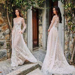 Sweet Elegant A-line Wedding Dresses Jewel Long Sleeves Sash Appliqued Lace Garden Bridal Gown Sweep Train Custom Made Robes De Mariee Cheap