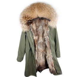 Caramel raccoon furs lining black X-Long women parkas Keep warm brown raccoon fur trim