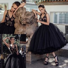 Black Lace Prom Dresses V Neck A Line Pleated Evening Gowns Plus Size Tea Length Tulle Tiered Formal Dress 415