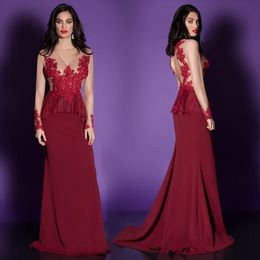 Bien Savvy Red Prom Dresses Sheer Long Sleeve Lace Appliqued Plus Size Mermaid Evening Dress with Peplum Custom Made Party Pageant Gowns